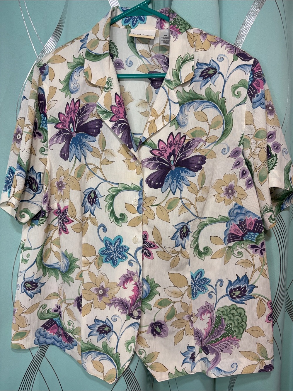 Alfred Dunner Cream Button-Front Floral Shirt with Purple, Blue & Green Print